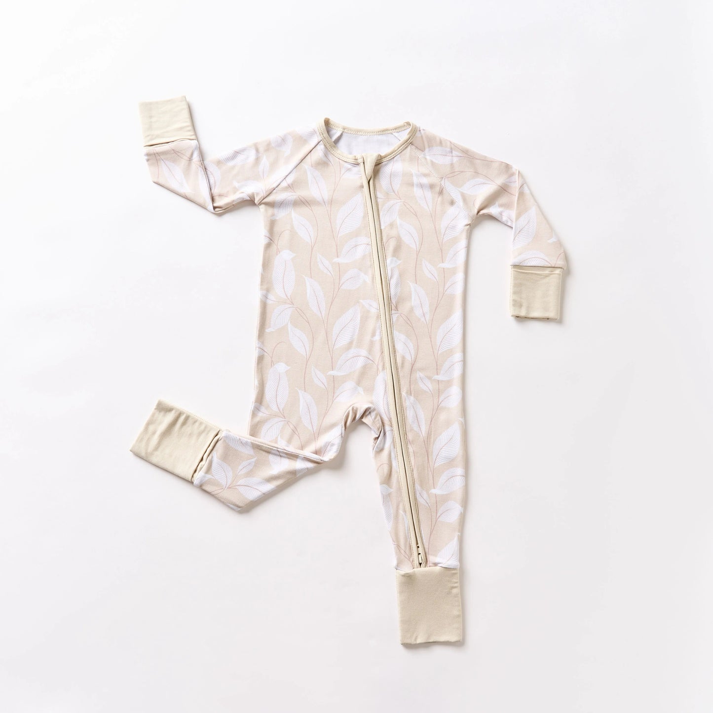 🌿 Leafy Beige Bamboo Zippy Pajama