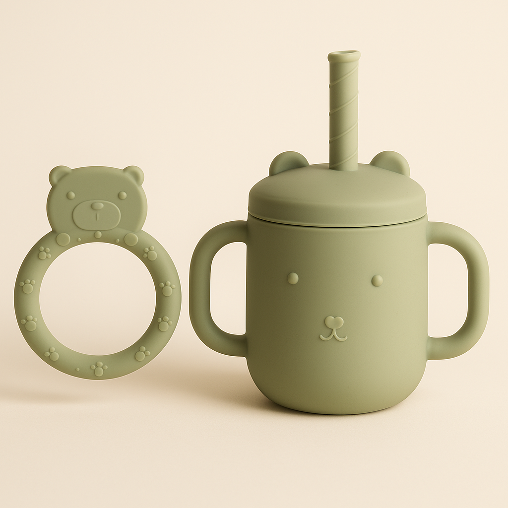 🐻 Bear Essentials Silicone Set – Sippy Cup & Teether Duo