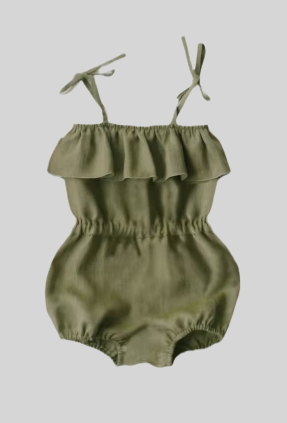 🌿 Olive Ruffle Tie Romper
