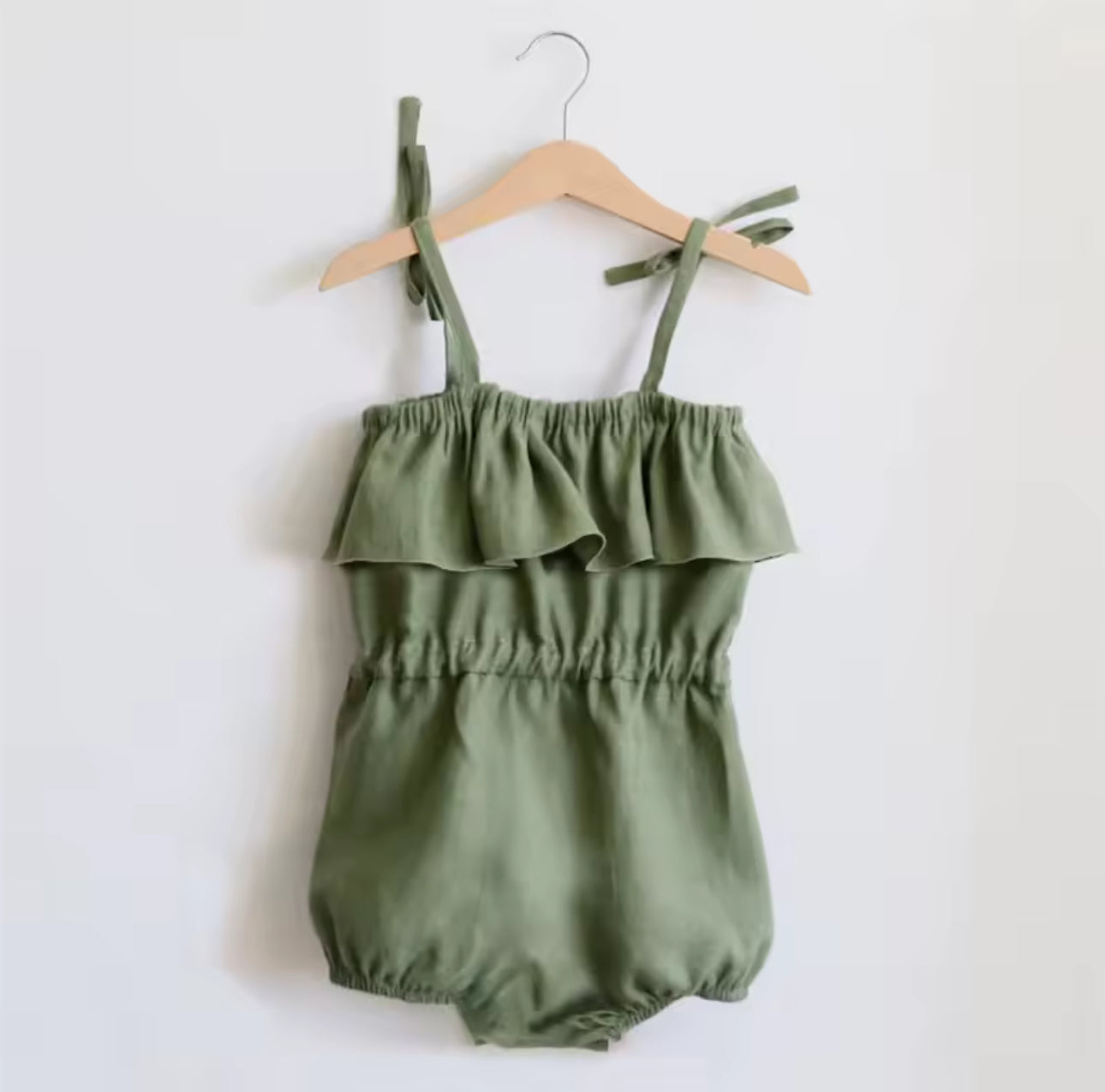 🌿 Olive Ruffle Tie Romper