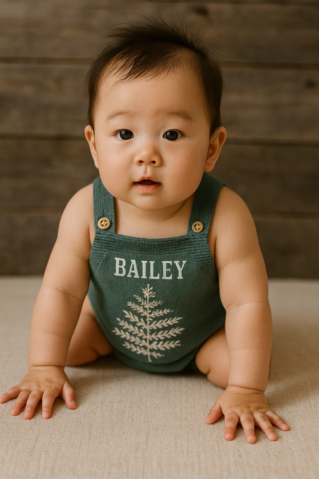 🌿 Forest Green Knit Romper with Baby Name