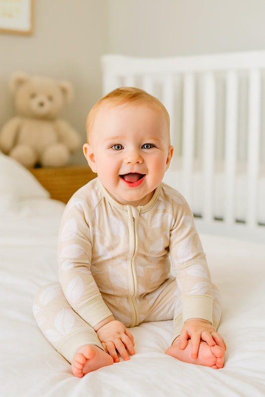 🌿 Leafy Beige Bamboo Zippy Pajama