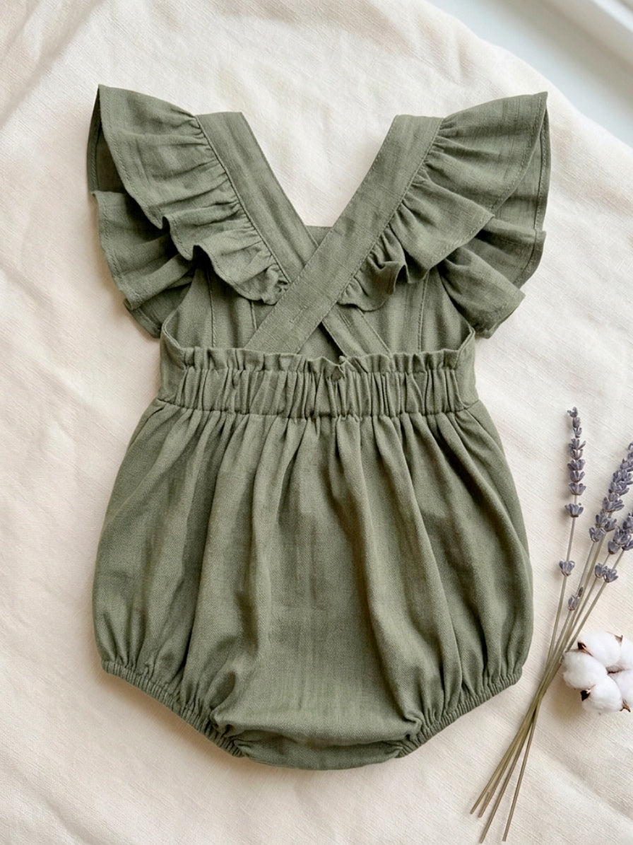 Olive Green Floral Embroidered Baby Romper