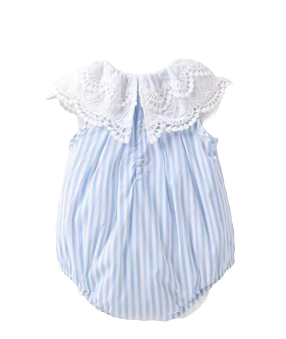 💎 Blue Striped Lace Collar Romper