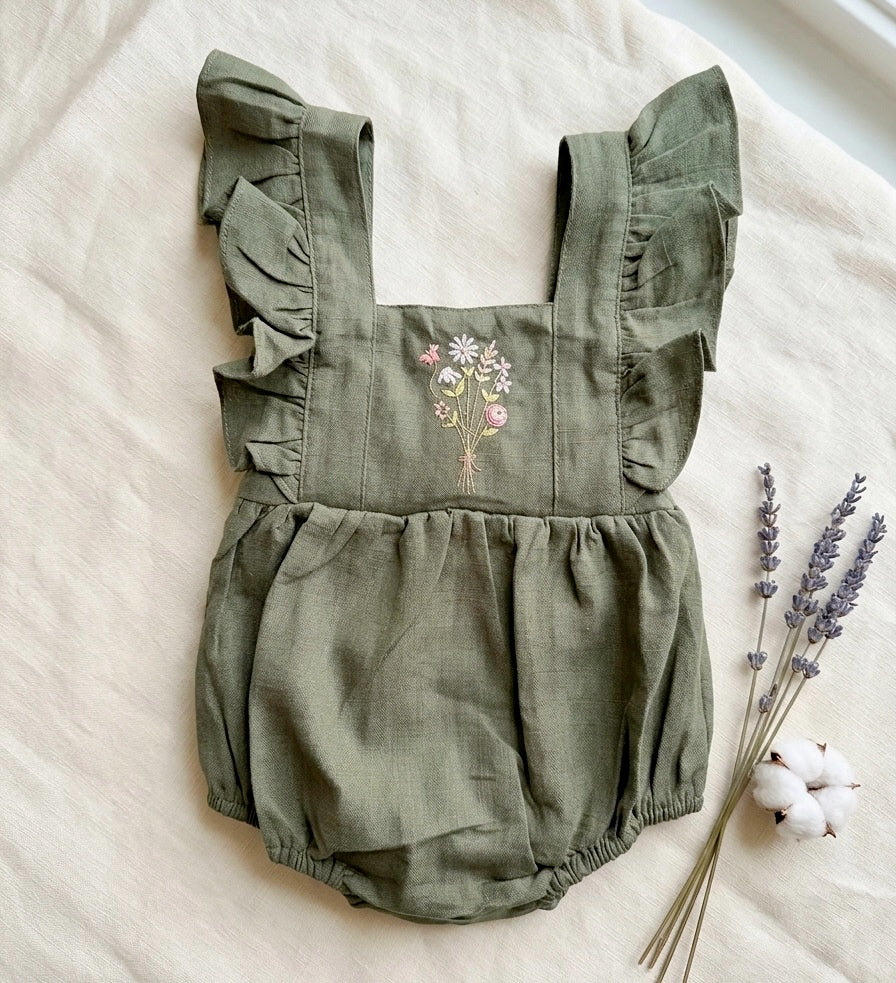 Olive Green Floral Embroidered Baby Romper