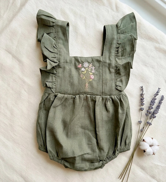 Olive Green Floral Embroidered Baby Romper