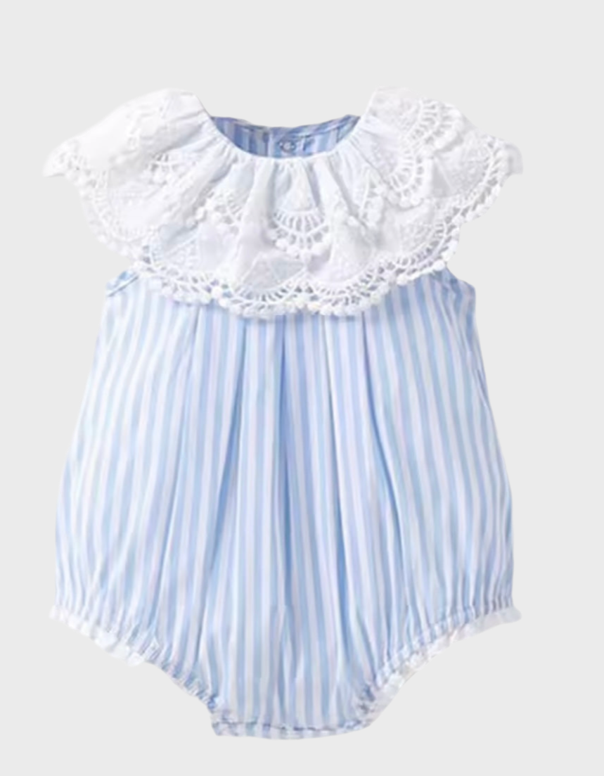 💎 Blue Striped Lace Collar Romper