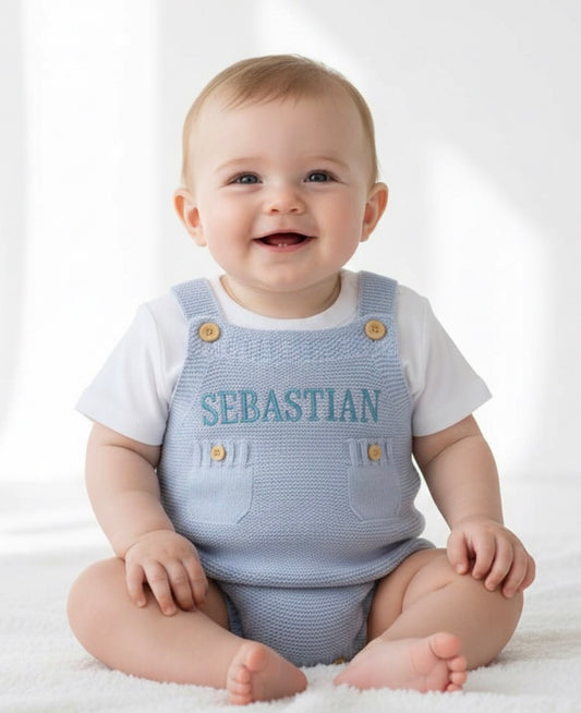 🧢 Sky Blue Pocket Knit Romper Personalized