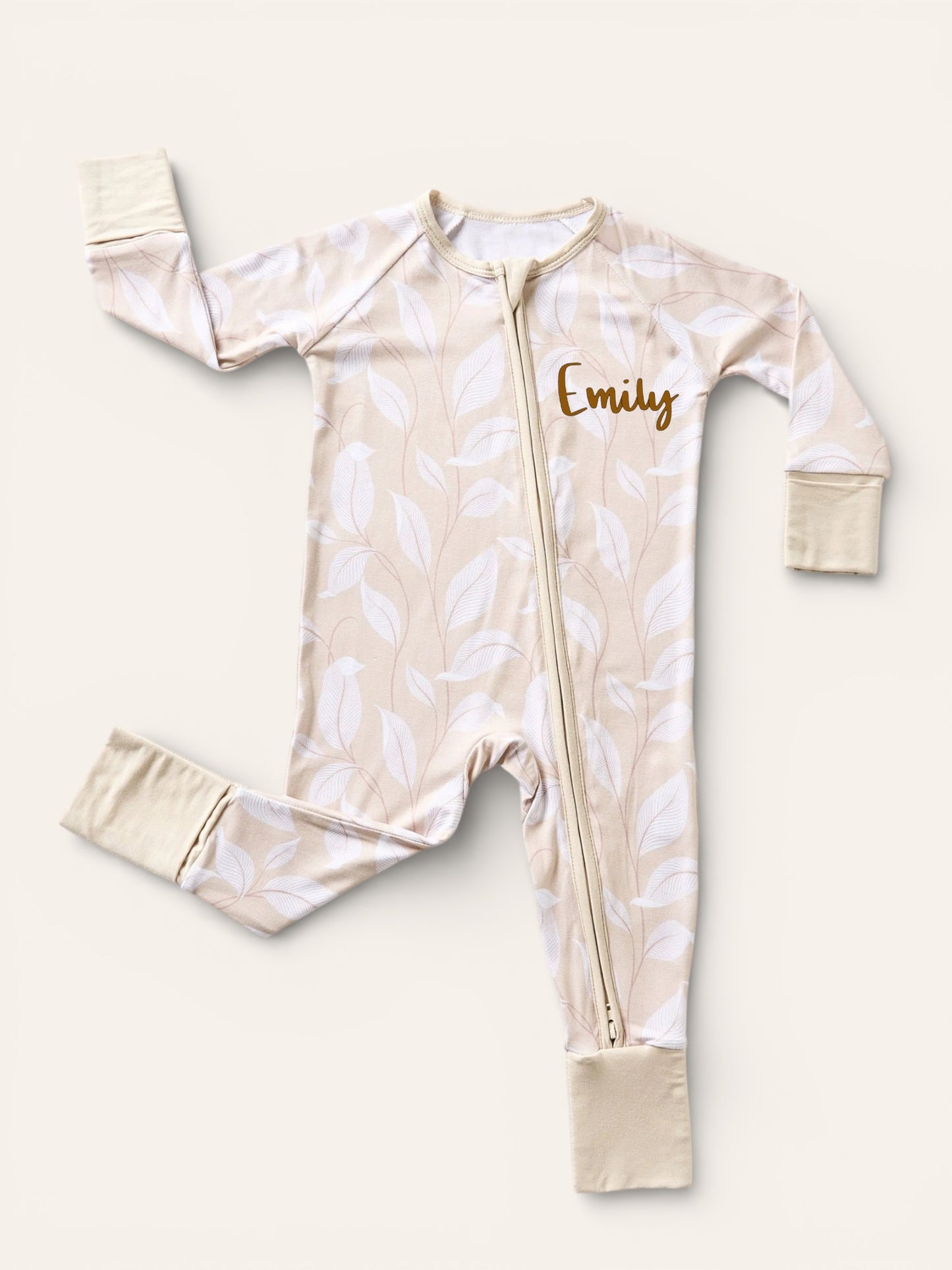 🌿 Leafy Beige Bamboo Zippy Pajama