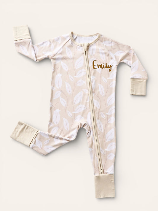 🌿 Leafy Beige Bamboo Zippy Pajama