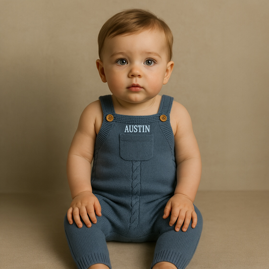🚜 Personalized Blue Cable Knit Overall