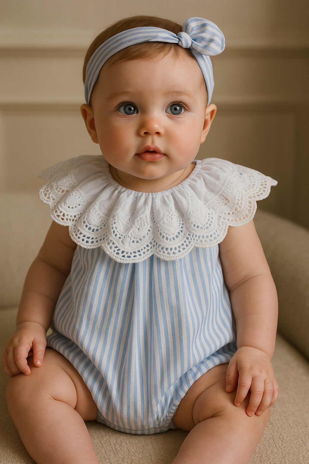 💎 Blue Striped Lace Collar Romper