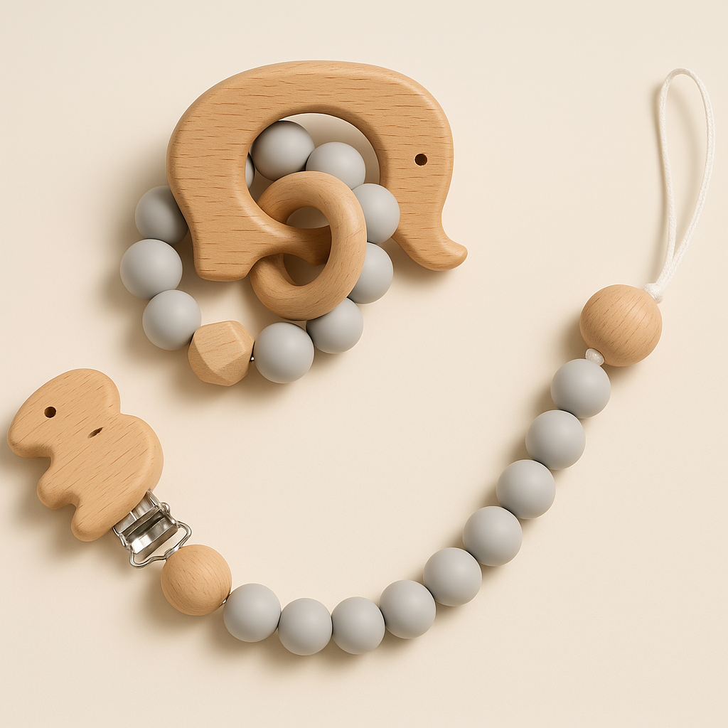 🍼 Natural Safari Teether & Pacifier Clip Set
