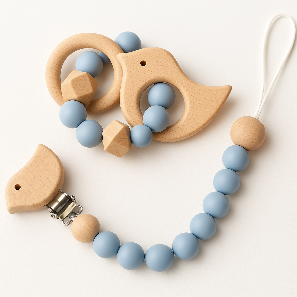 🍼 Natural Safari Teether & Pacifier Clip Set