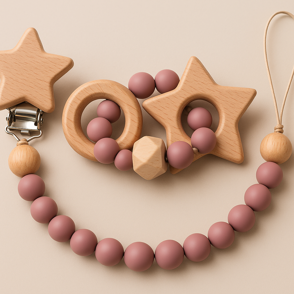 🍼 Natural Safari Teether & Pacifier Clip Set