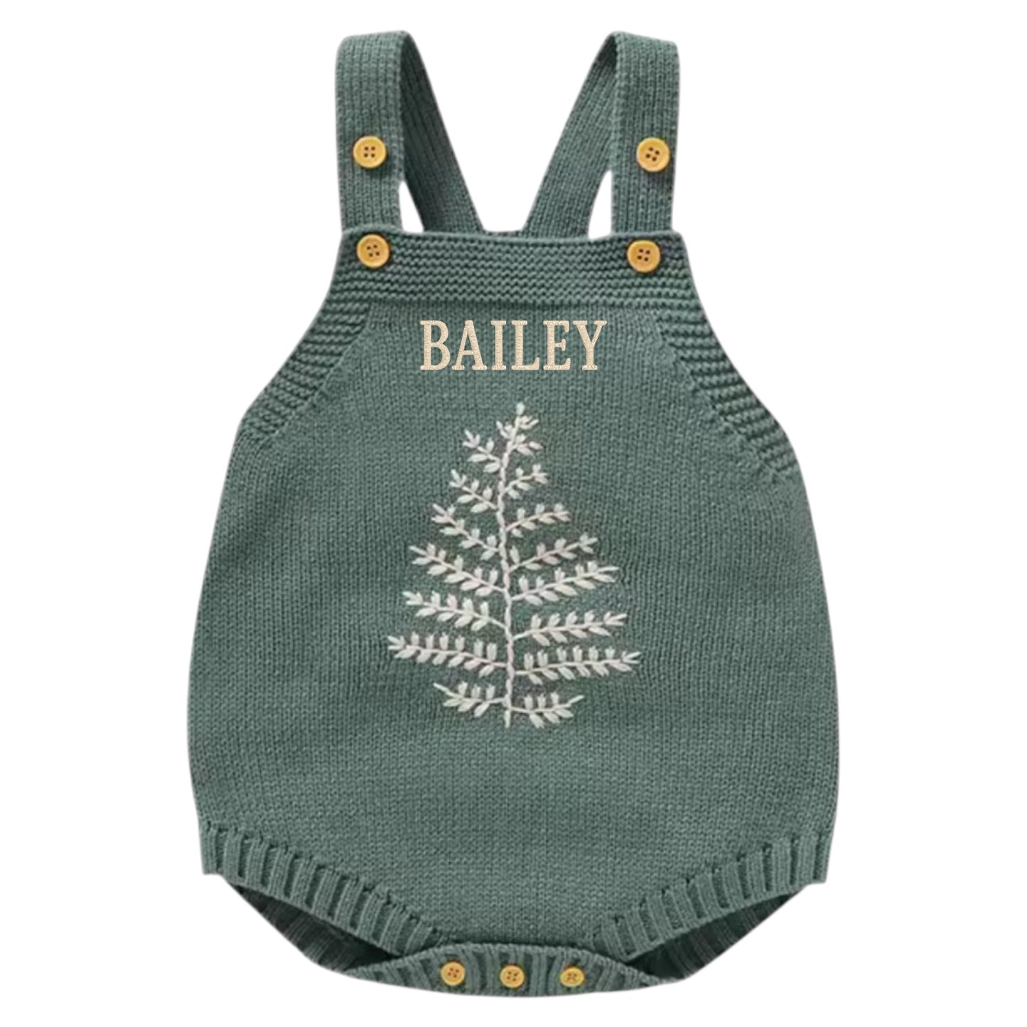 🌿 Forest Green Knit Romper with Baby Name
